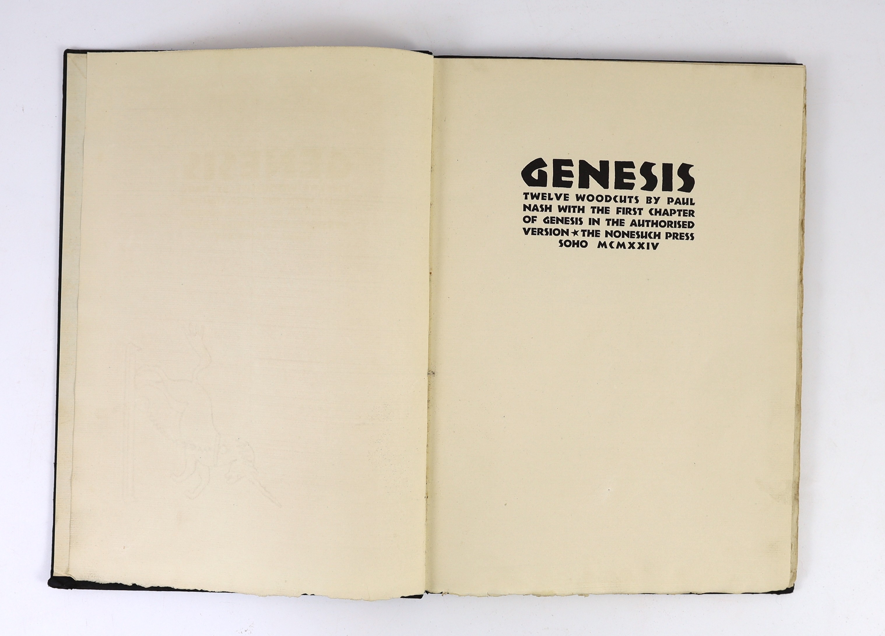 Bible in English - Nash, Paul [illustrator] - Genesis. Limited edition, one of 375, Authors presentation copy to his wife with signed inscription. Complete with 12 woodcut illustrations by Paul Nash. Original black paper